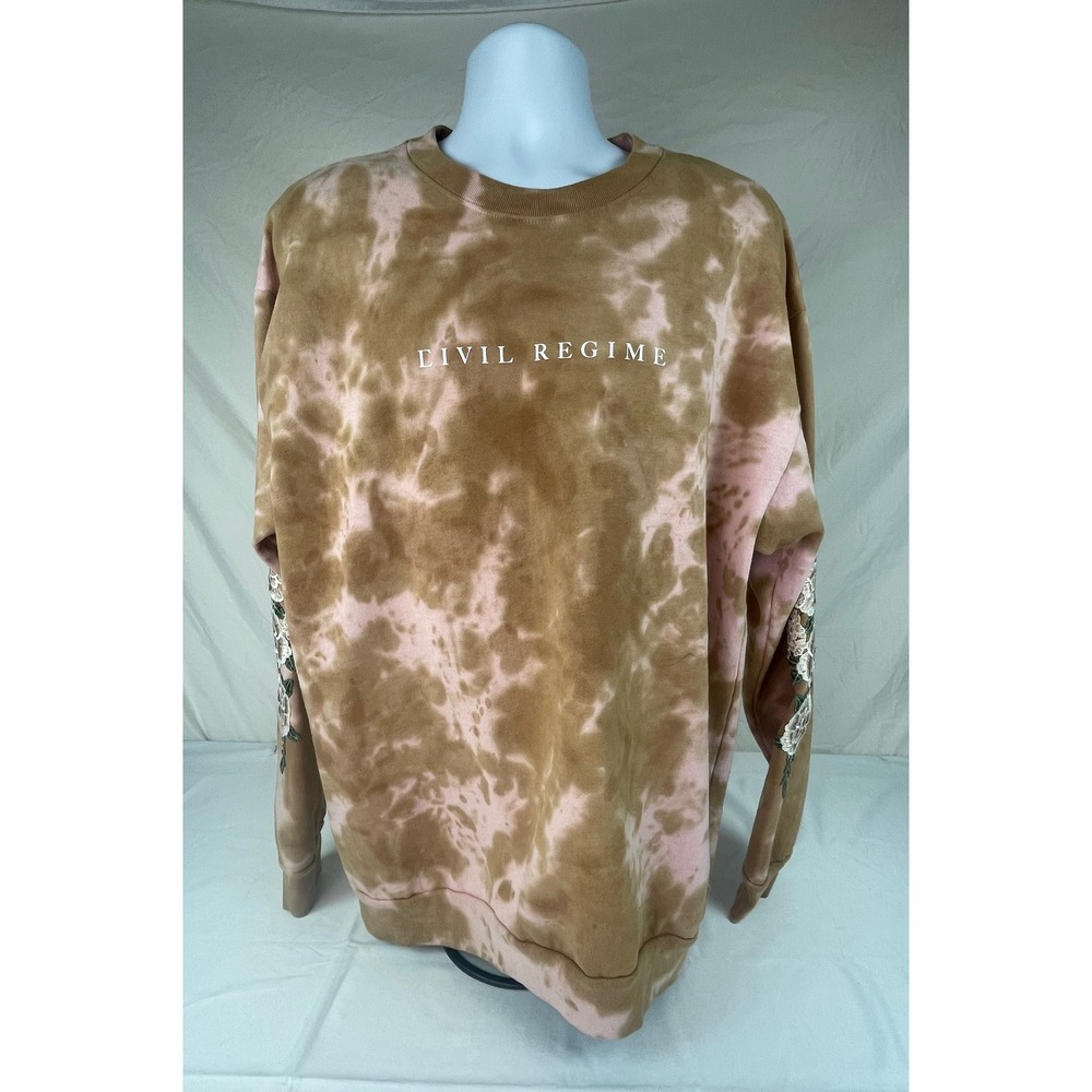 Civil Regime Brown Pink Tie Dye Floral Embroidered Sweatshirt Mens X Large
